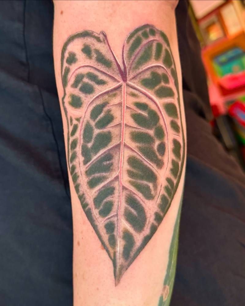 Realistic style anthurium tattoo located on the forearm.