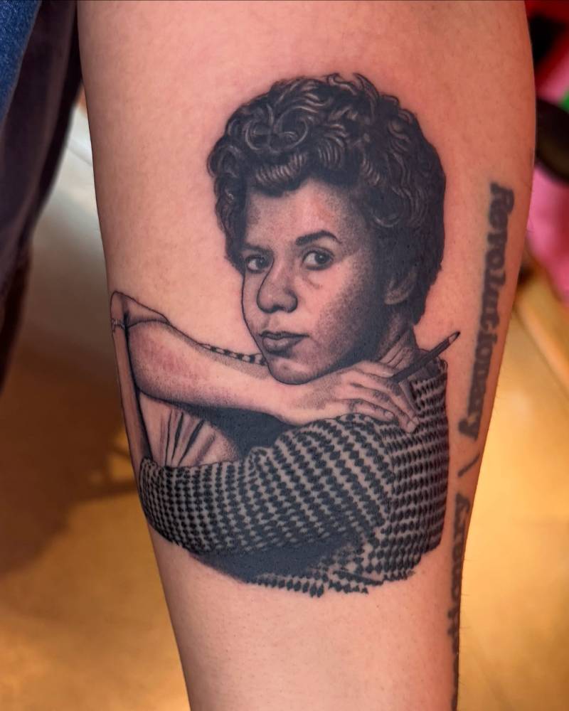 Lorraine Hansberry portrait tattoo in black and grey style.
