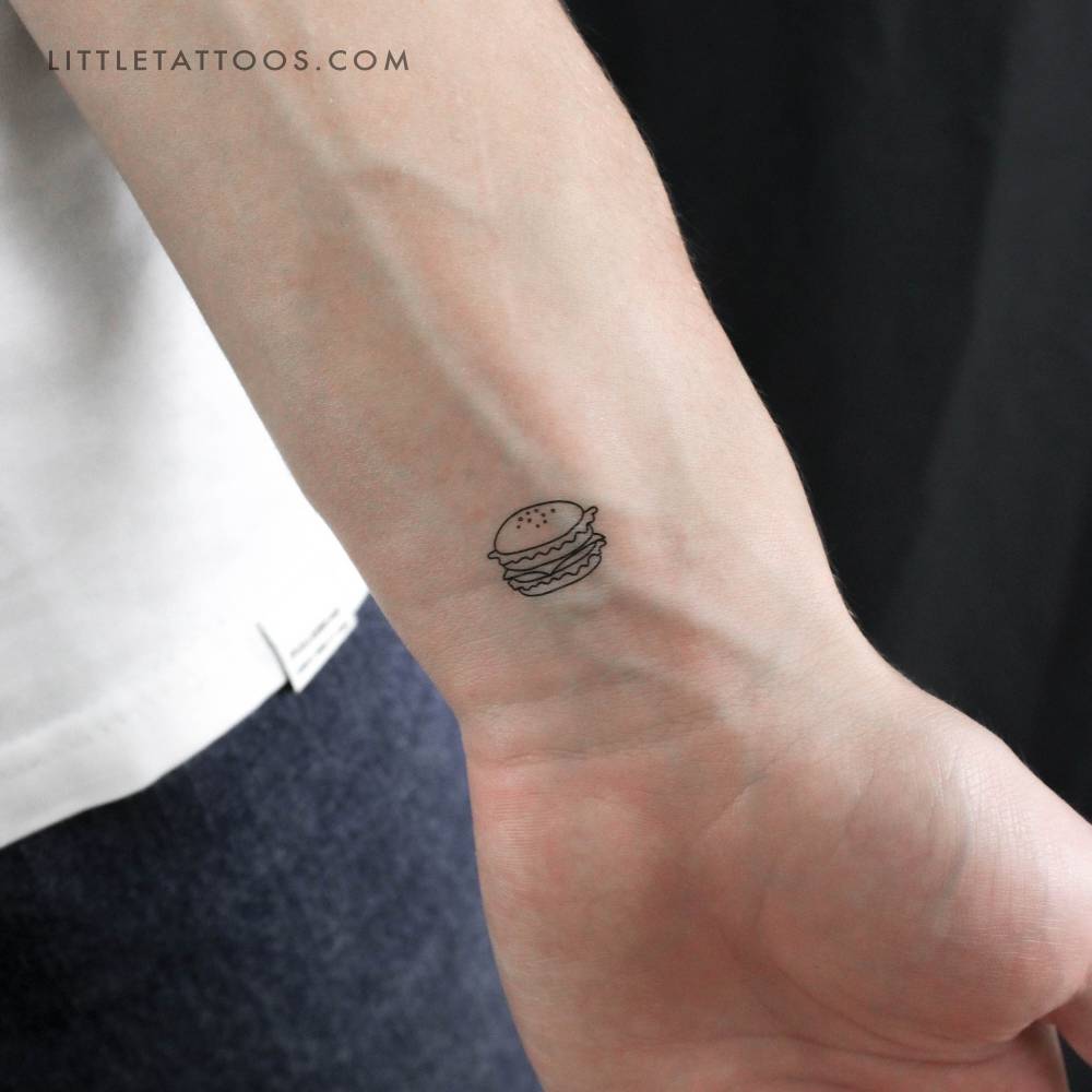 Little hamburger temporary tattoo located on the wrist.