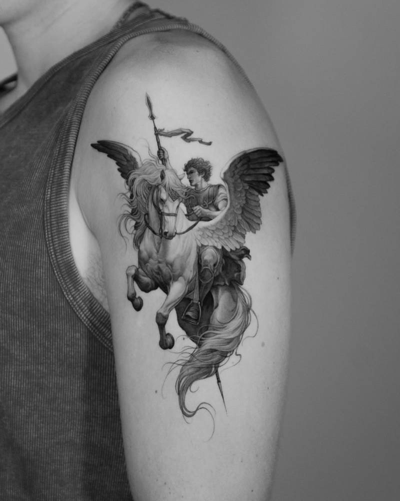 Bellerophon flying Pegasus tattoo in micro-realistic style located on the upper arm.