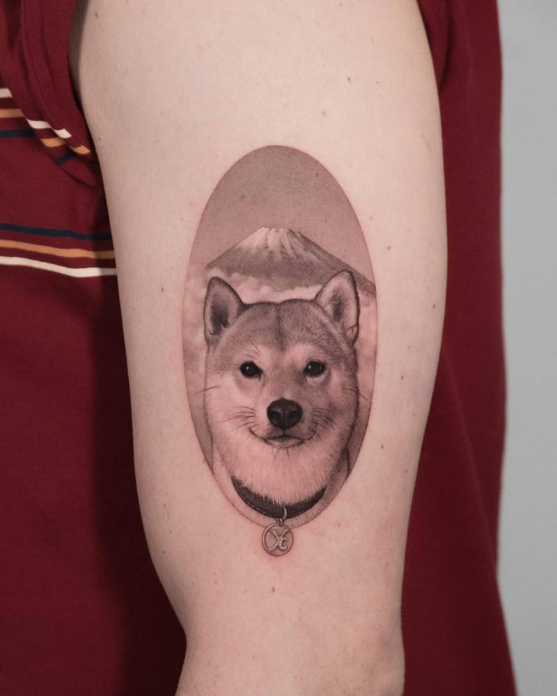 Shiba Inu portrait tattoo located on the upper arm, micro-realistic style.