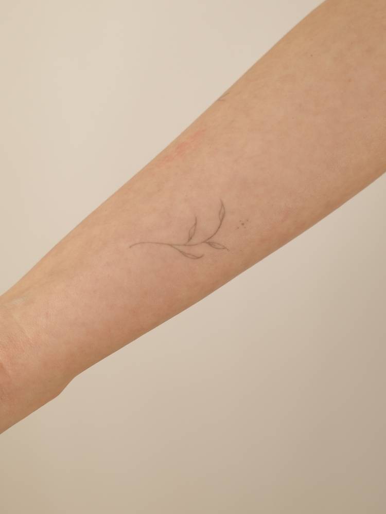 Little leaves tattooed on the inner forearm, done in fine line style.