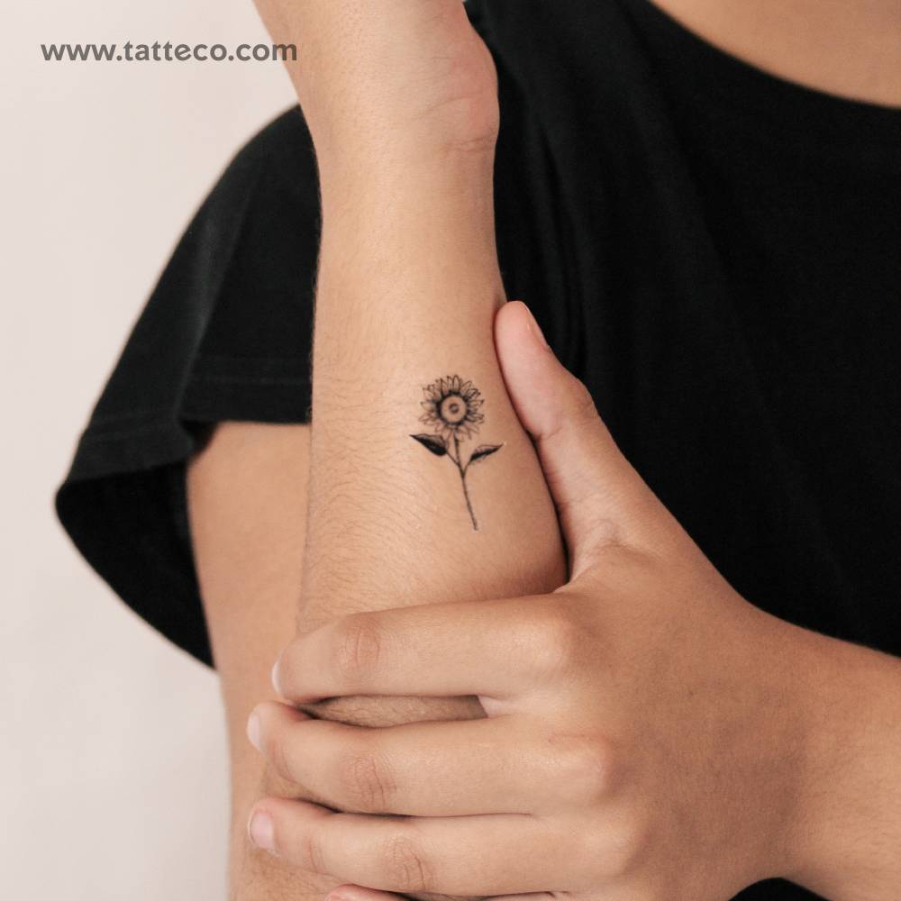 Sunflower semi-permanent tattoo in illustrative style.