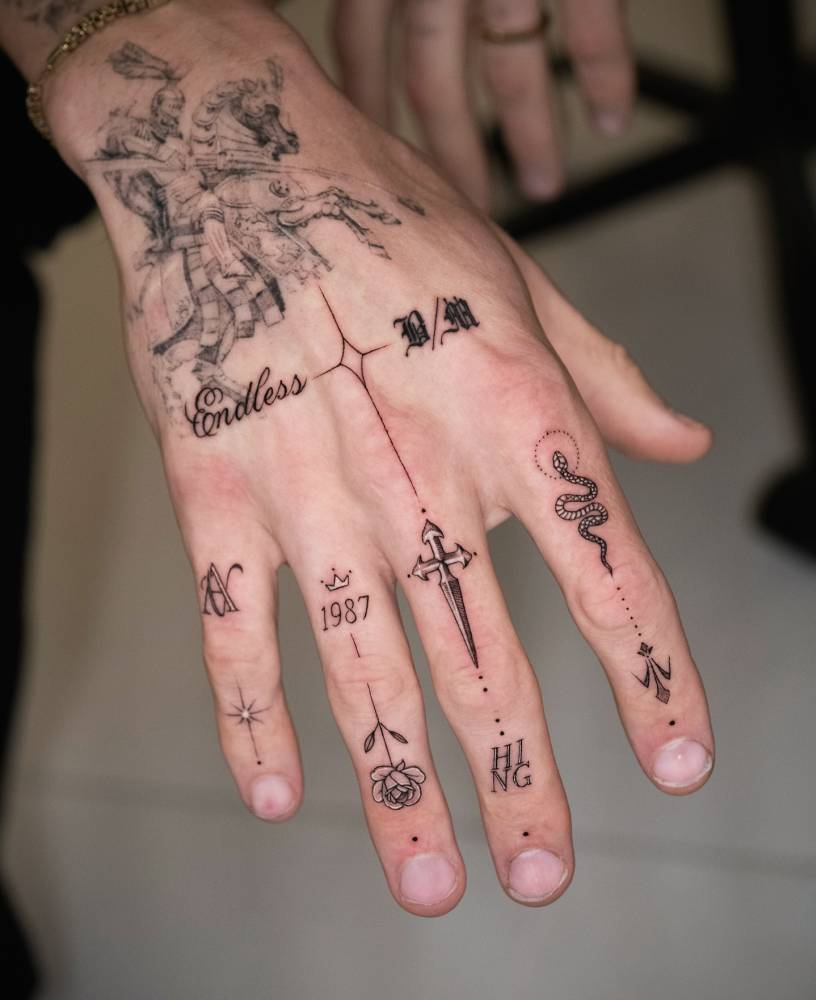 SIngle needle hand composition tattoos.