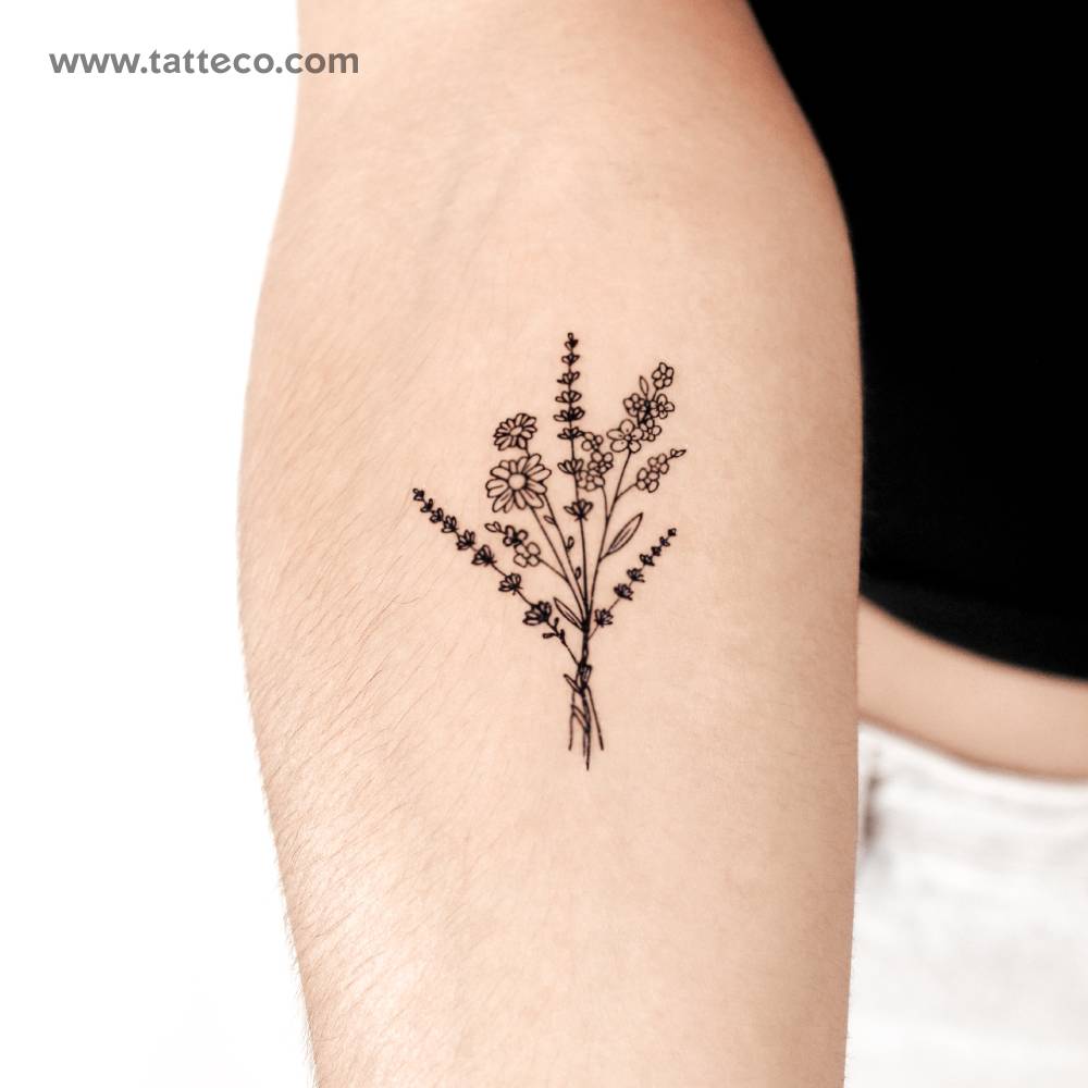 Wild flower bouquet semi-permanent tattoo.