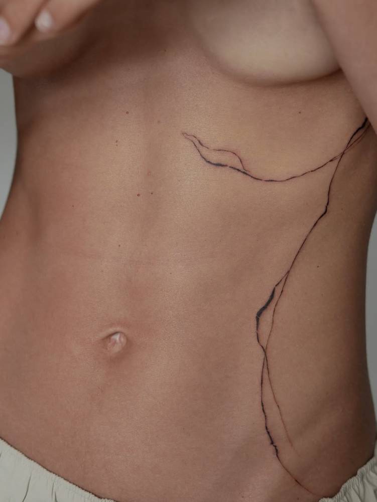 Leaves tattoo located on the waist and rib.