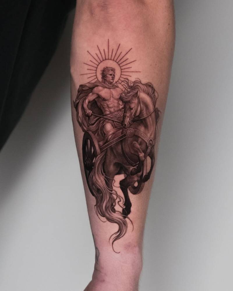 Helios tattoo located on the forearm, micro-realistic style.