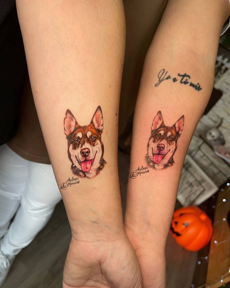 Matching micro-realistic Husky portrait tattoo for couple.