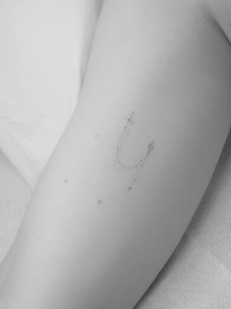Little ornament in fine line style tattooed on the inner arm.