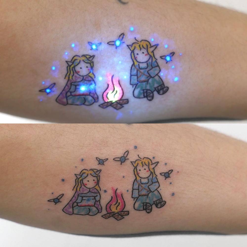 UV ink Zelda tattoo located on the forearm, cartoon style.