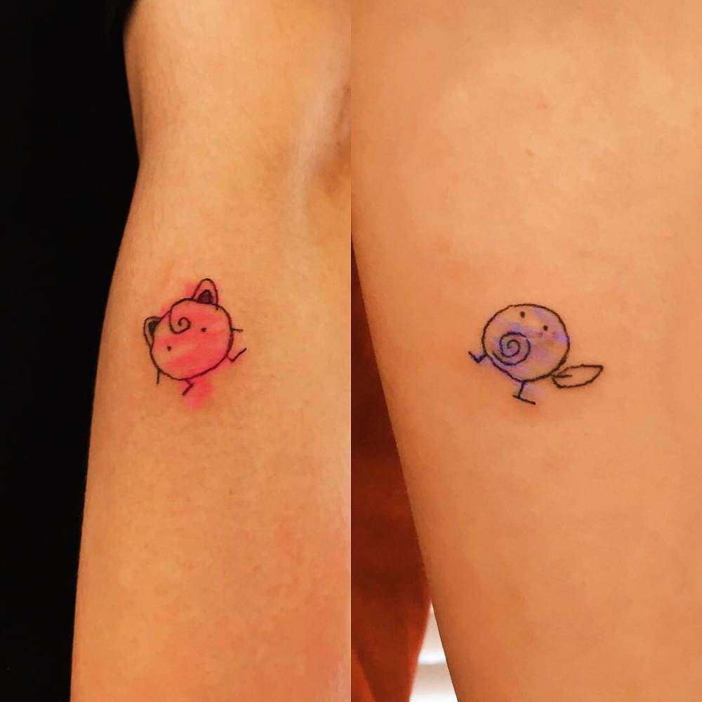 Matching Jigglypuff and Poliwag tattoos for best friends.