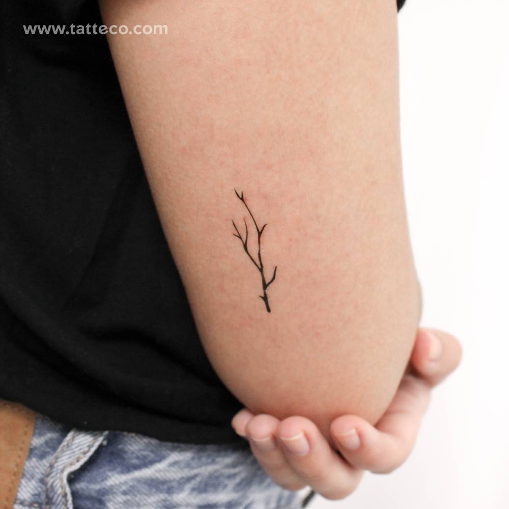 Leafless branch temporary tattoo located on the tricep.