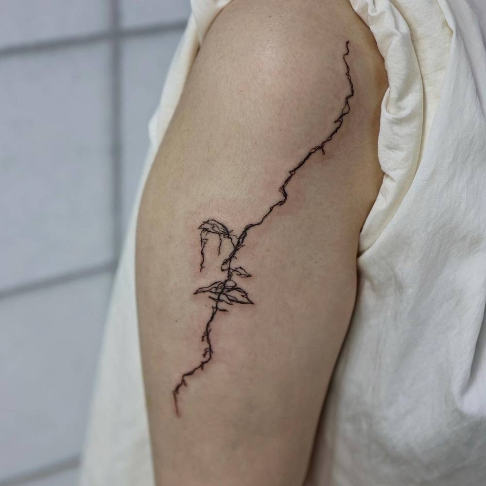 Sketch work style branch tattoo located on the upper arm.