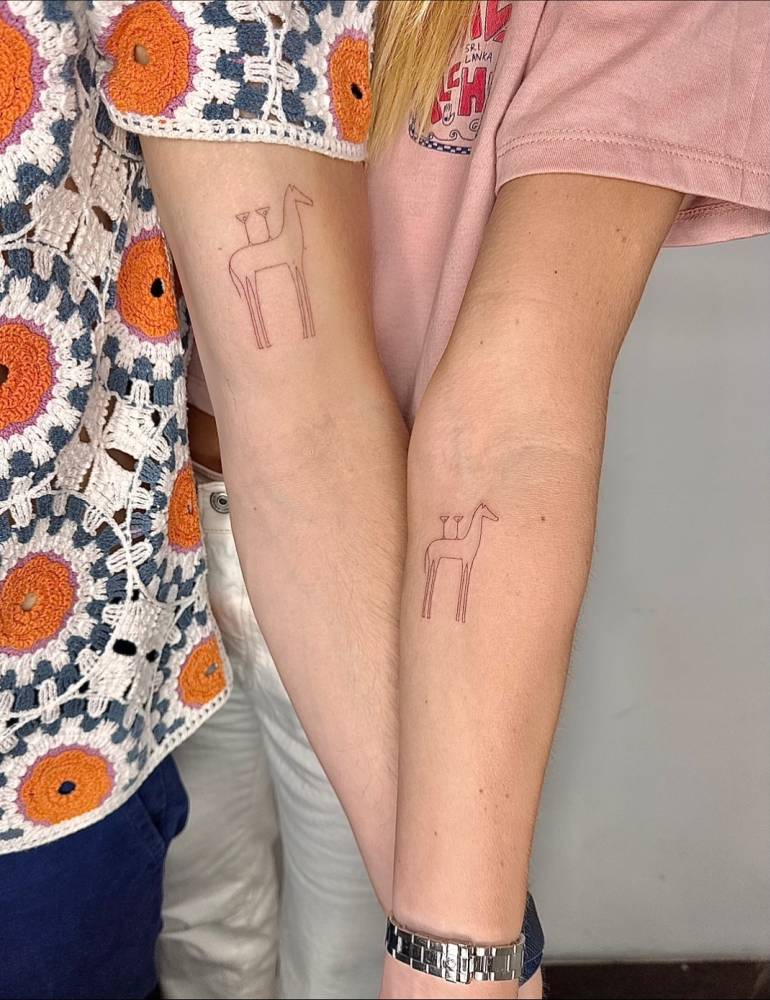 Matching fine line style horse tattoo for best friends.