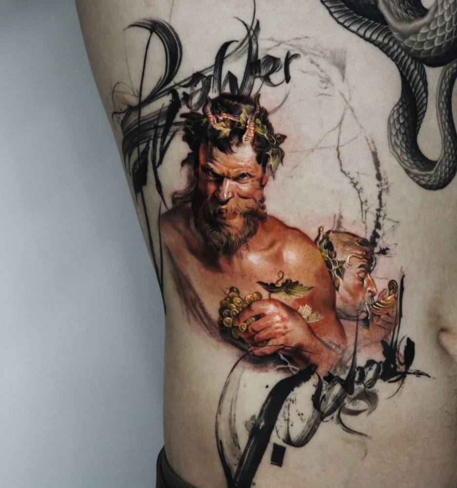 'Two Satyrs' tattoo located on the rib, realistic style.