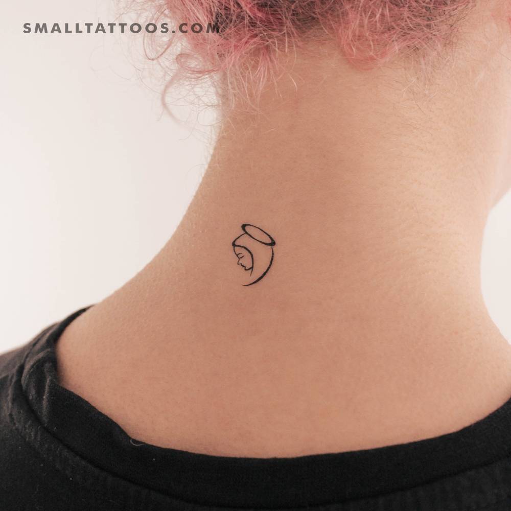Virgin Mary temporary tattoo located on the back of the neck.