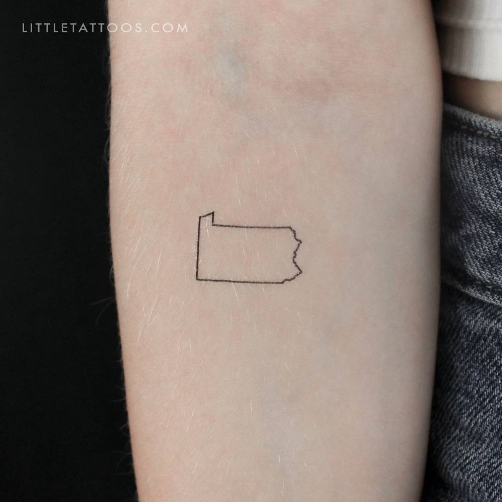 Pennsylvania map outline temporary tattoo located on the inner forearm.