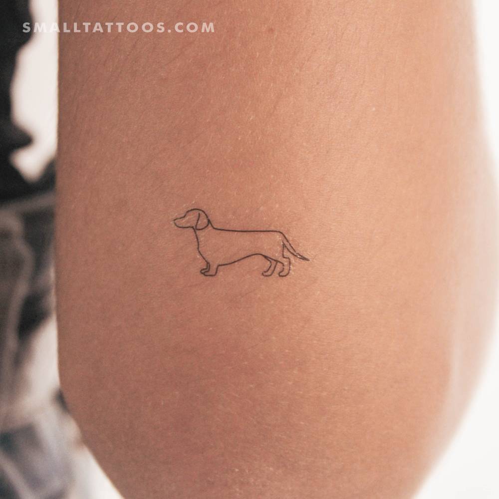 Fine line style Dachshund temporary tattoo located on the tricep.