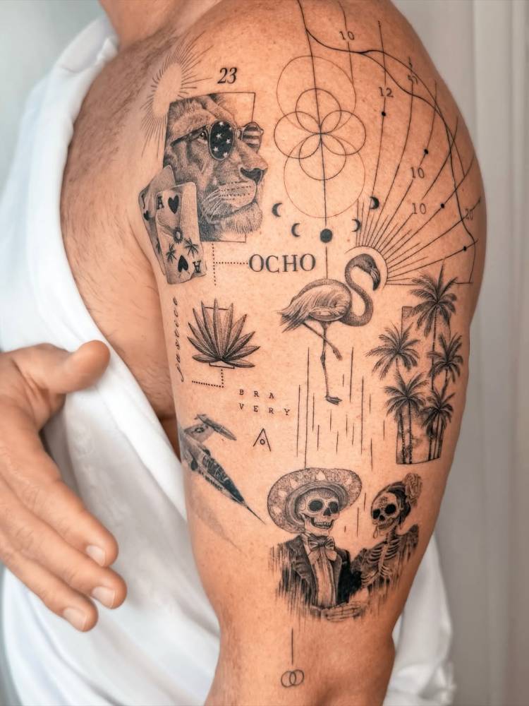 Graphic style upper arm composition tattoo.