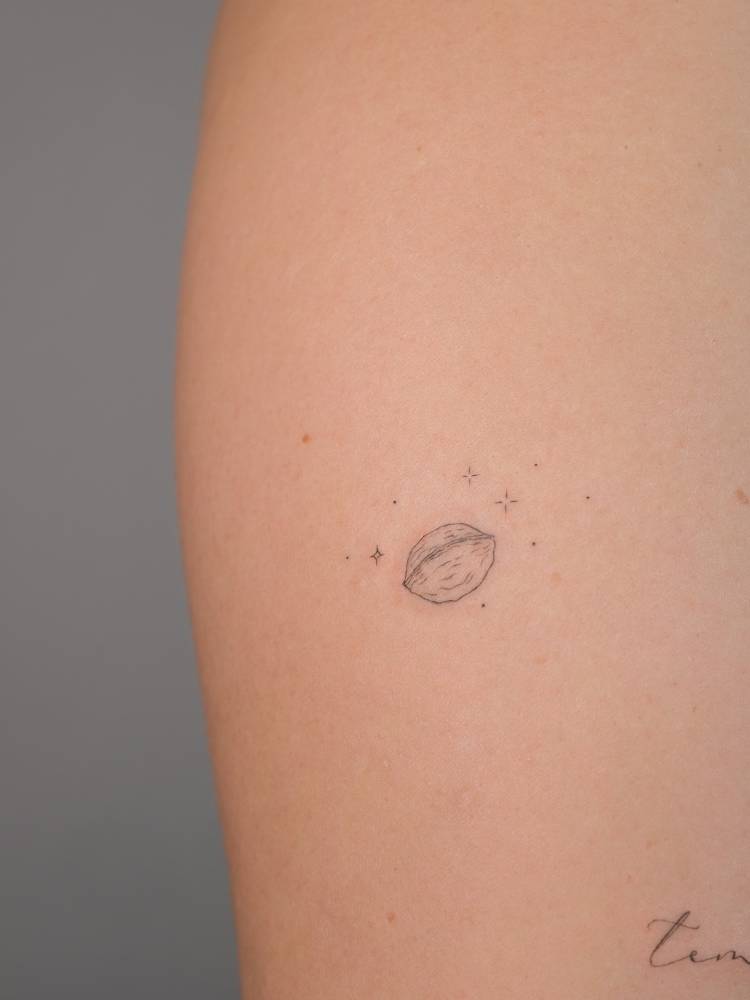 Fine line style little walnut tattoo located on the upper arm.