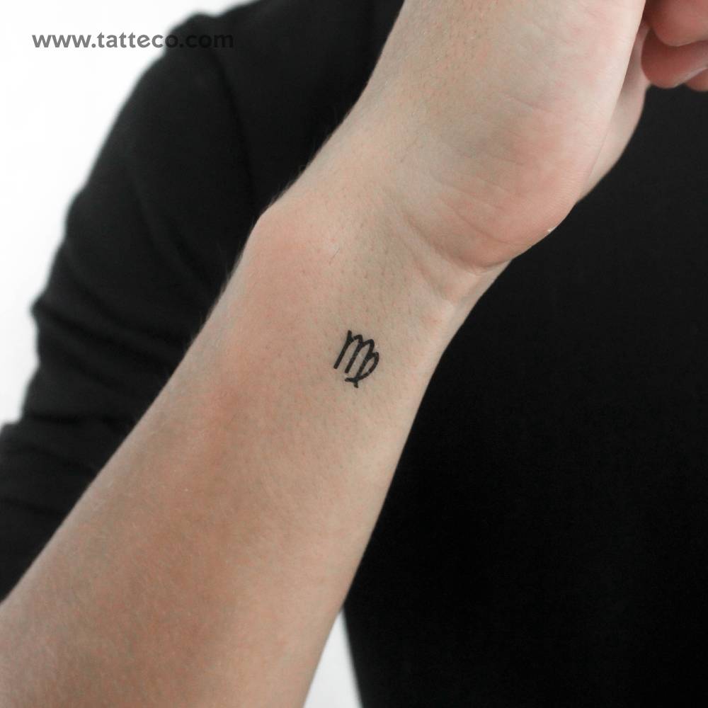 Virgo zodiac symbol temporary tattoo located on the wrist.