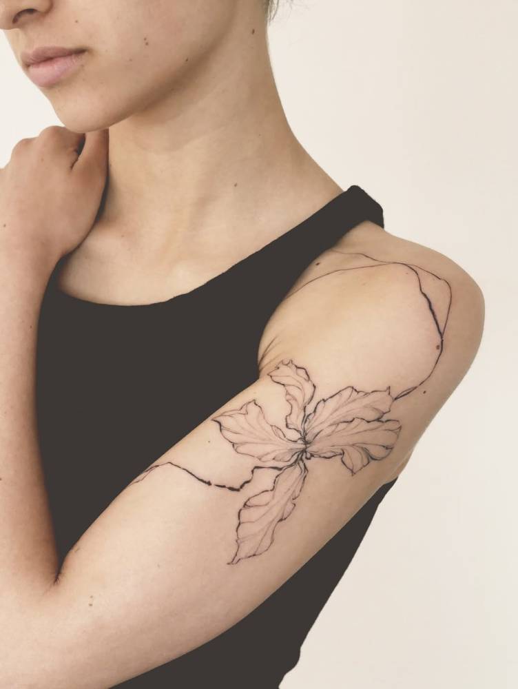 Illustrative style iris flower tattoo located on the upper arm.