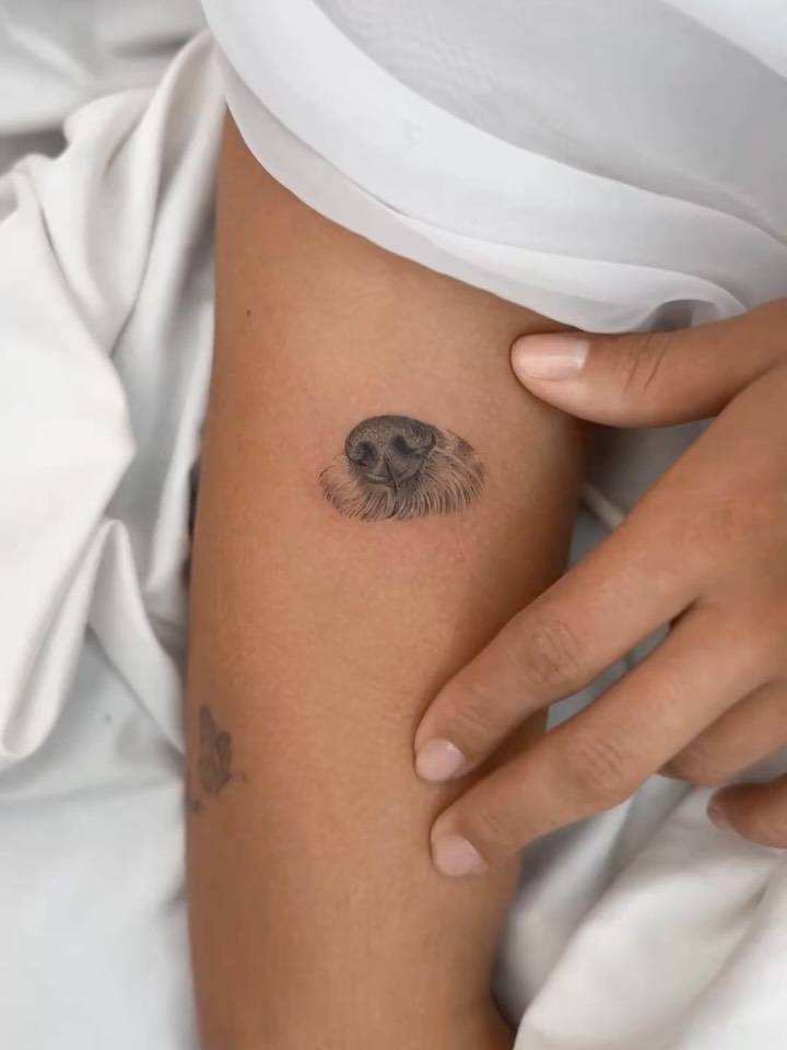 Dog snout tattoo in micro-realistic style located on the upper arm.