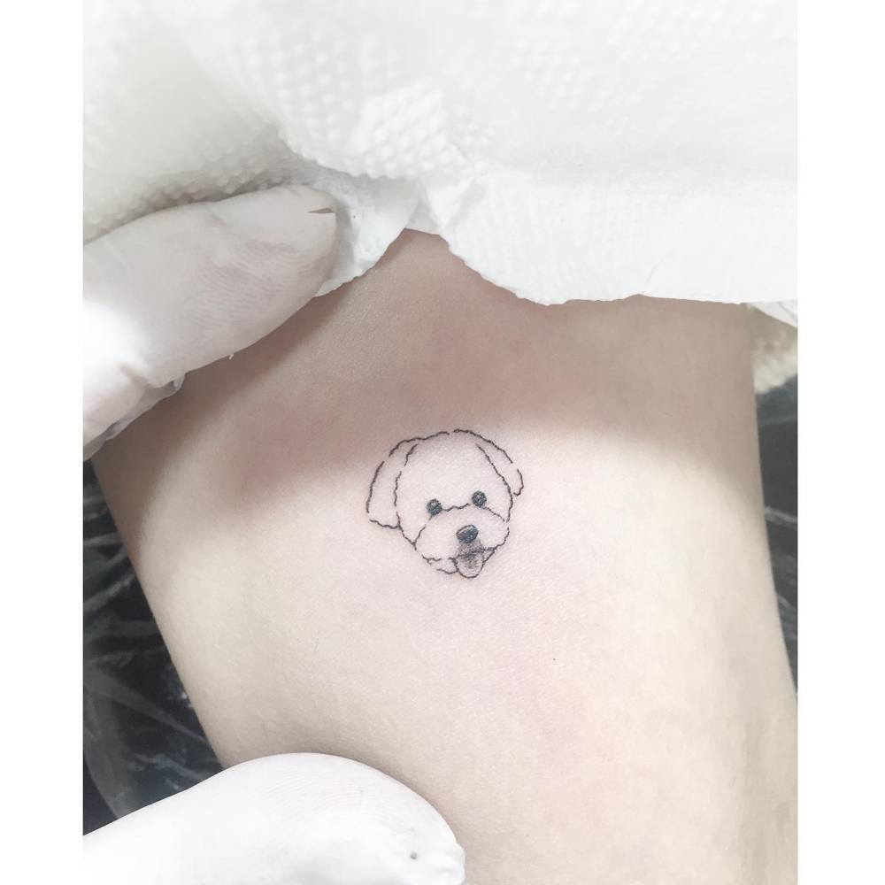 Minimalistic style Poodle portrait tattoo located on the inner arm.