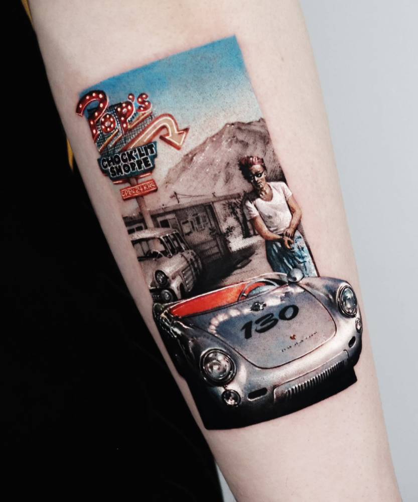 James Dean tattoo in micro-realistic style located on the forearm.