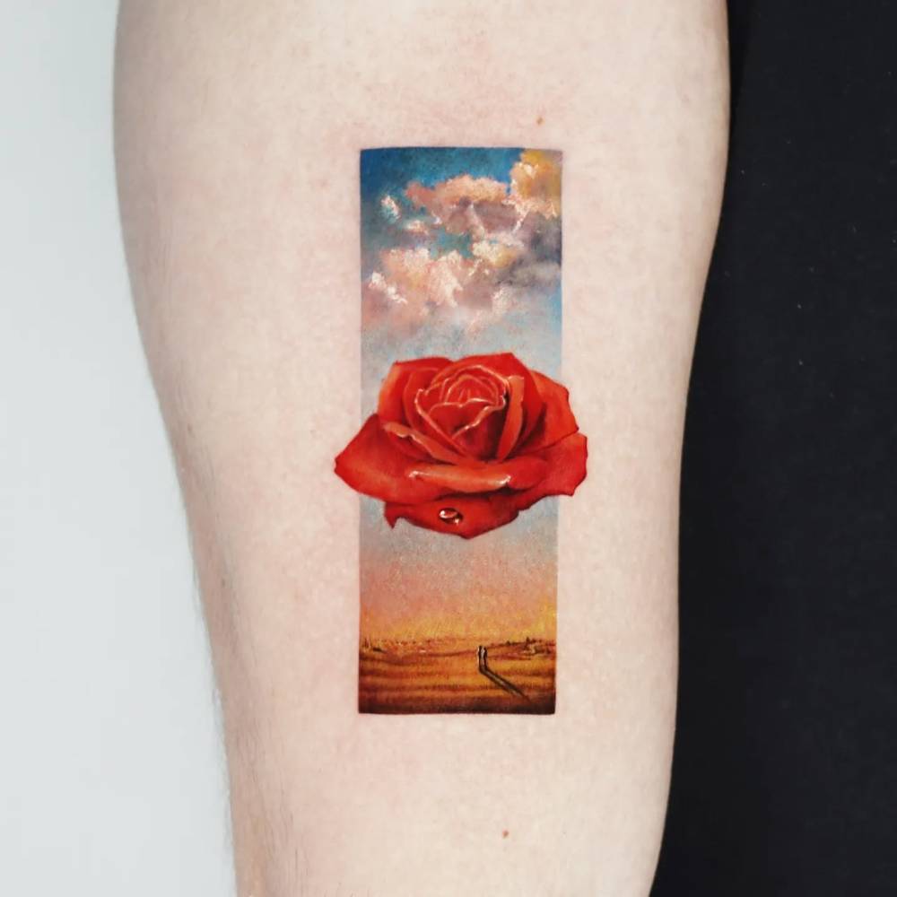 Micro-realistic style 'The Meditative Rose' tattoo located on the upper arm.
