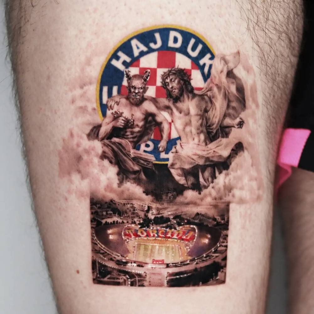 Hajduk Split tattoo located on the thigh, micro-realistic style.