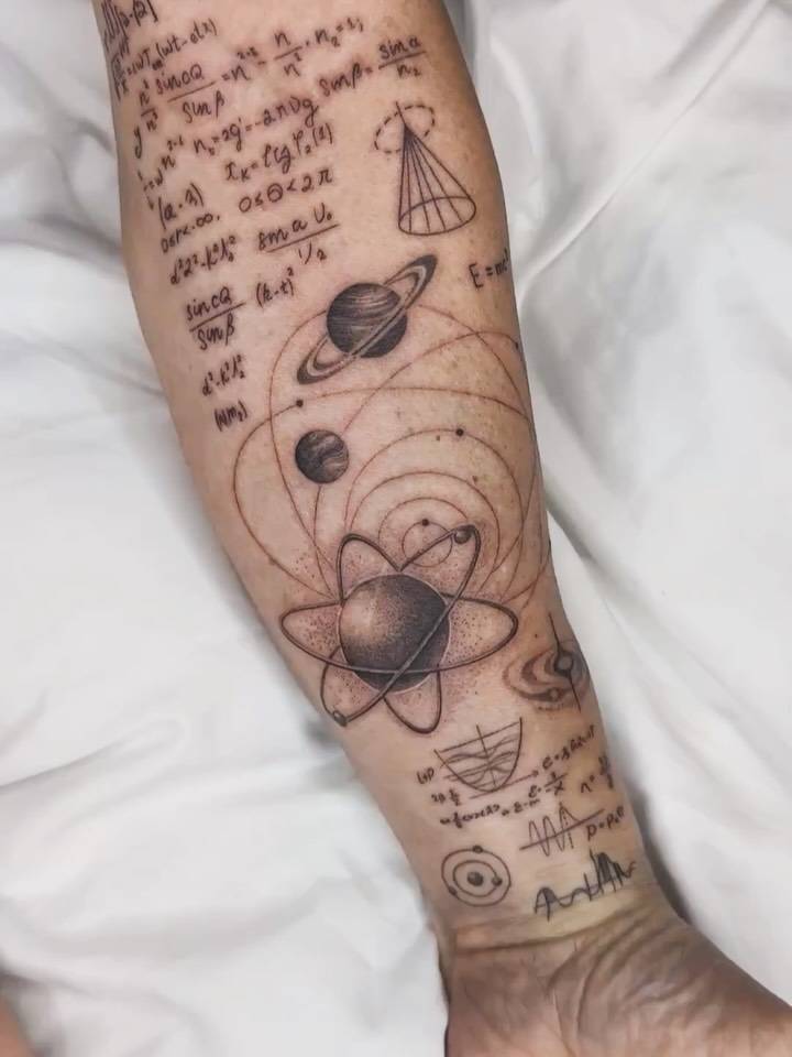 Graphic style inner forearm composition tattoos.
