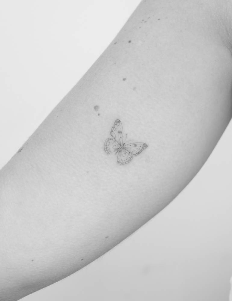 Butterfly tattoo placed on the inner arm, done in fine line style.