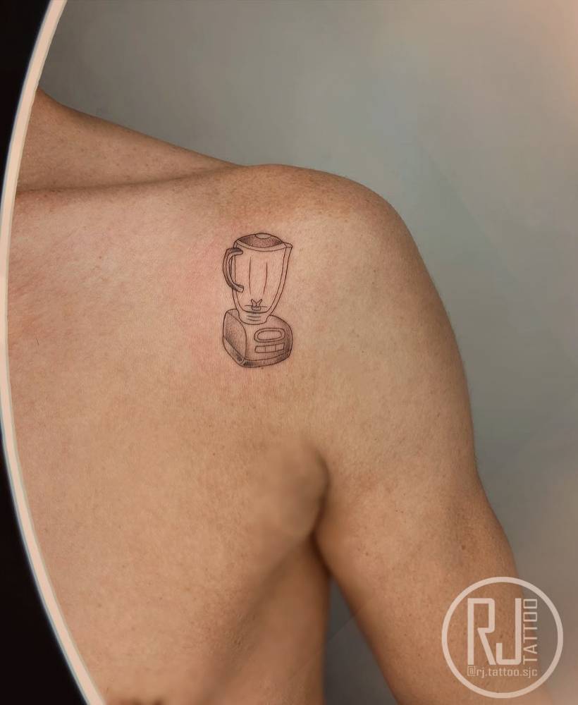 Illustrative style blender tattoo located on the shoulder.