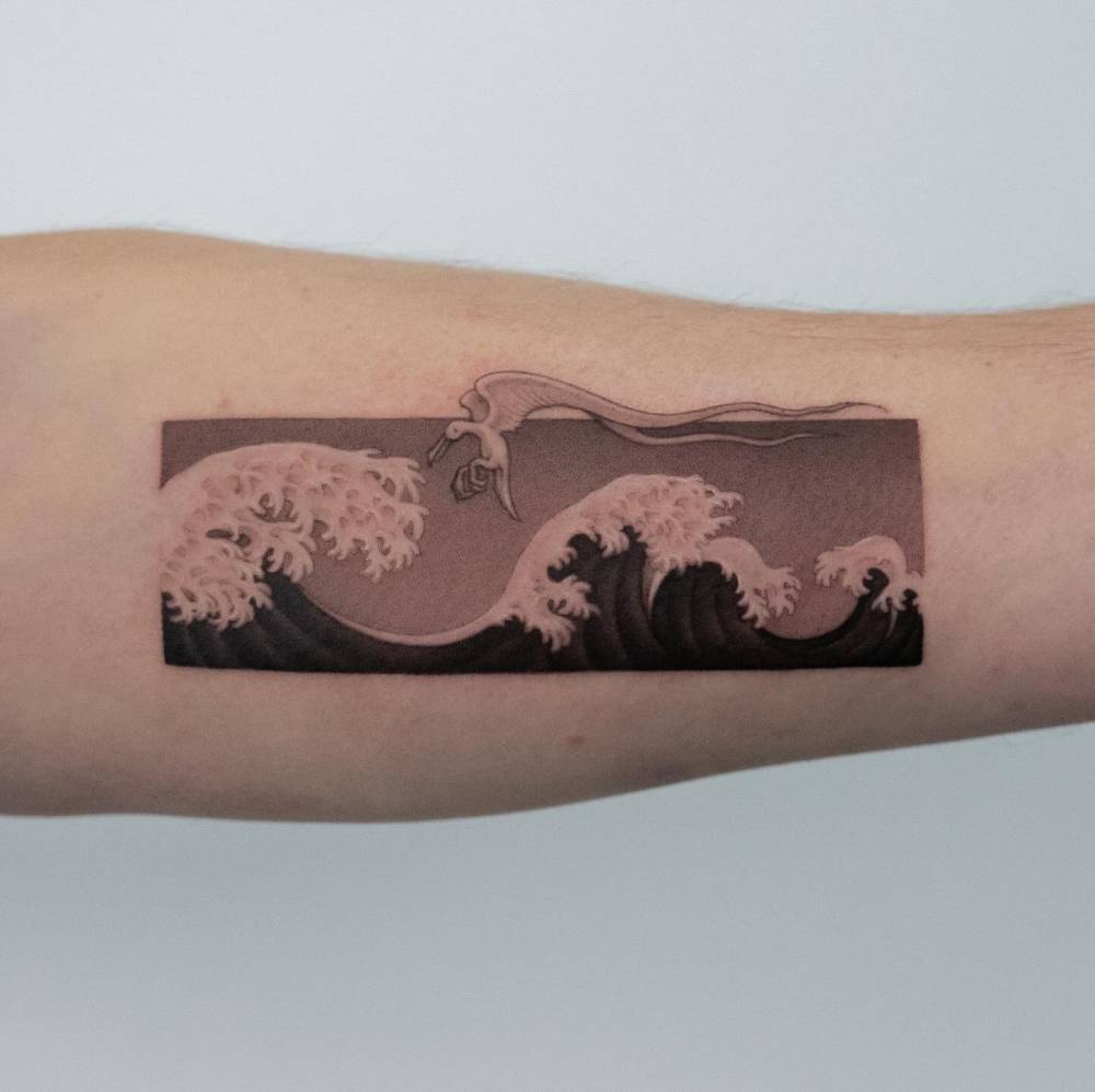 The Gaslight Anthem album cover tattoo located on the inner forearm.