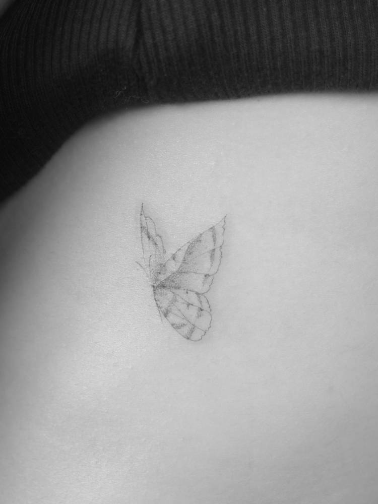 Illustrative style butterfly tattoo done on the rib.
