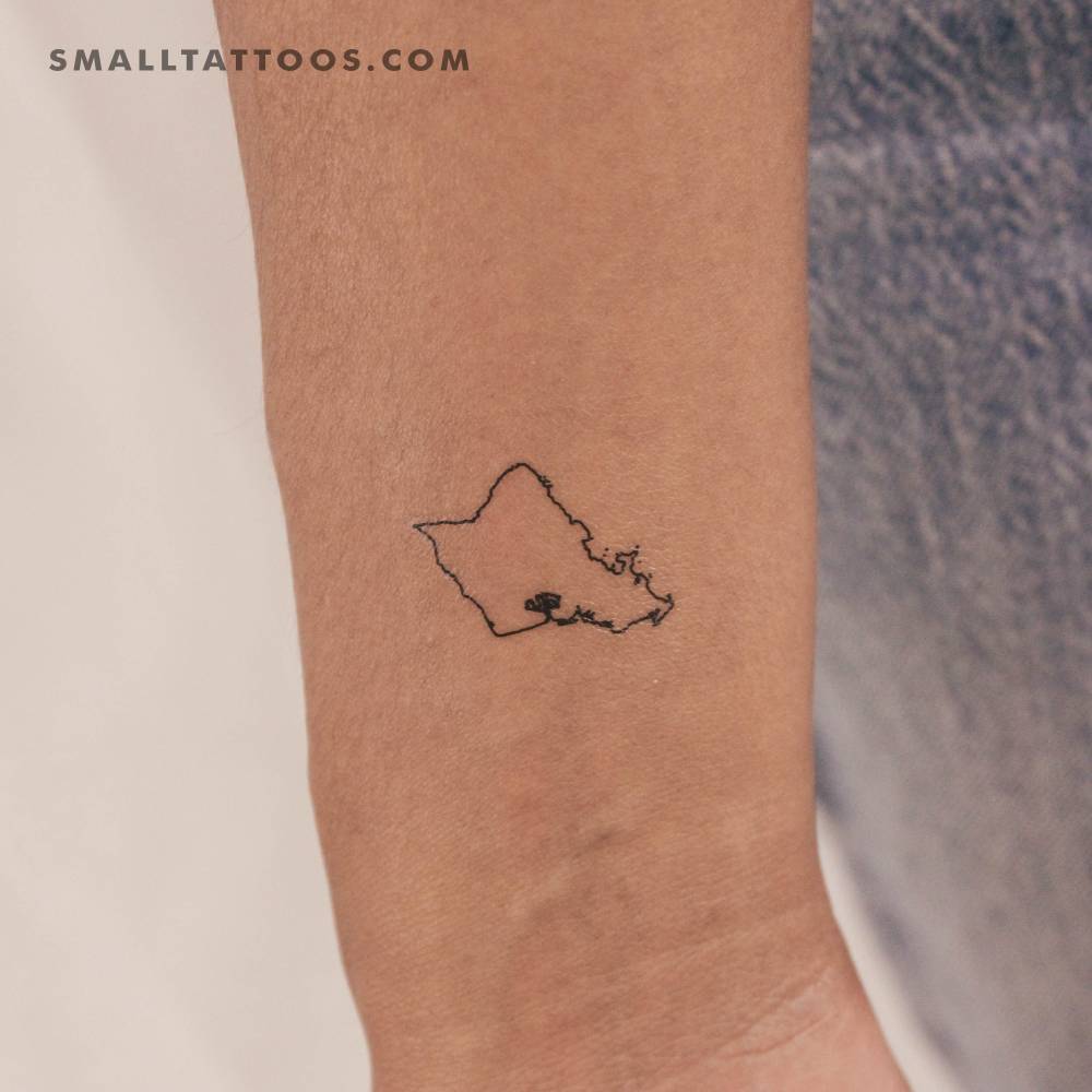 Oahu map temporary tattoo located on the wrist.