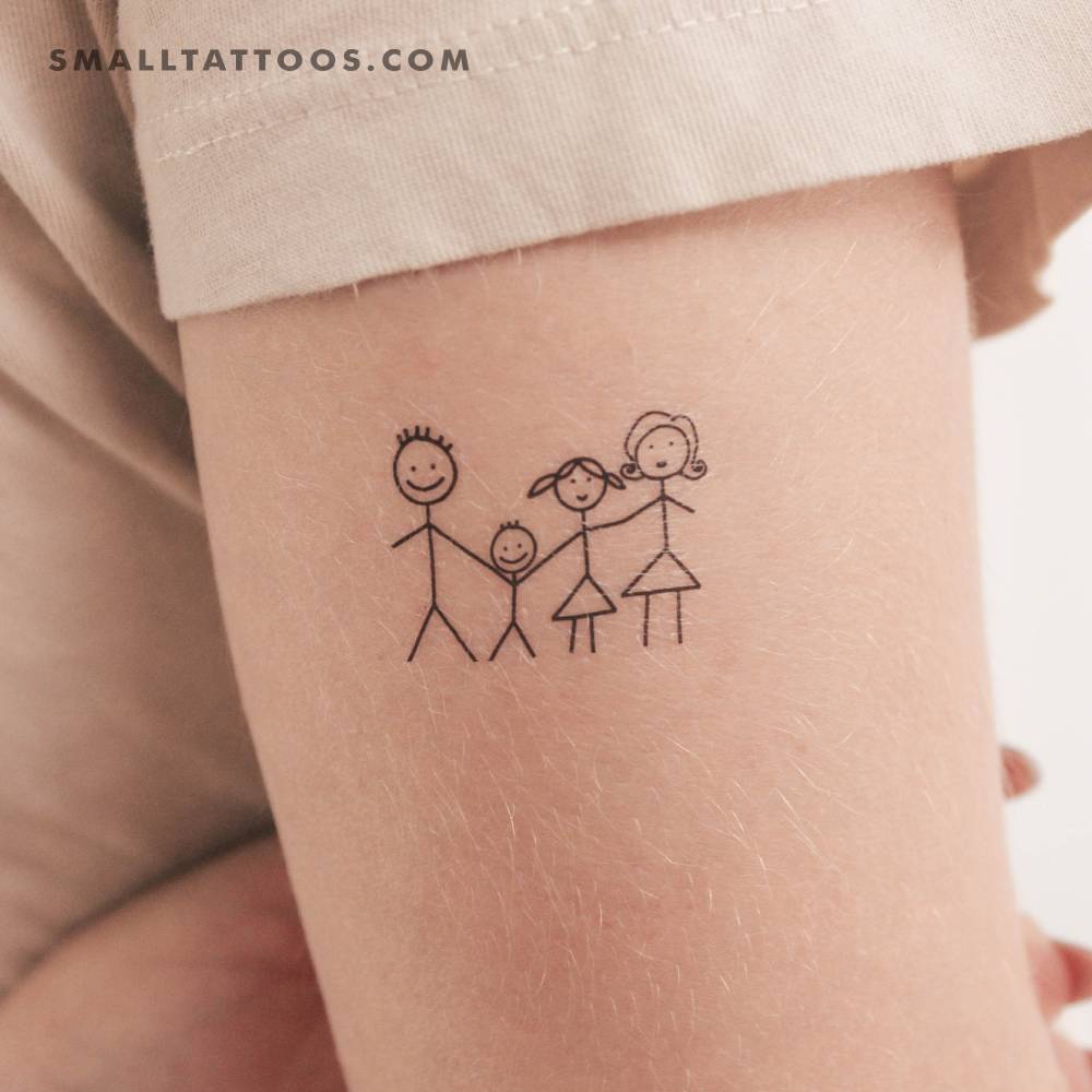 Family portrait drawing temporary tattoo located on the upper arm.