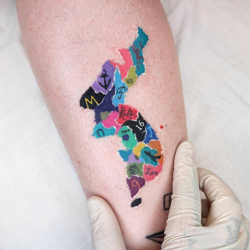 South Korea map tattoo located on the shin, pop art style.