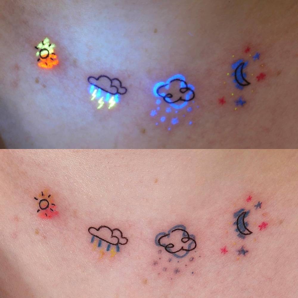 Weather symbols tattooed on the collarbone, minimalistic style.
