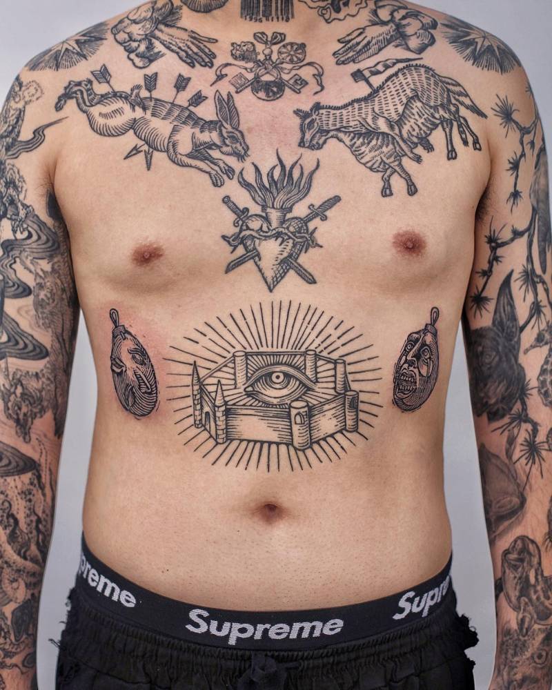 Behelits from Berserk tattooed on the ribs, engraving style.