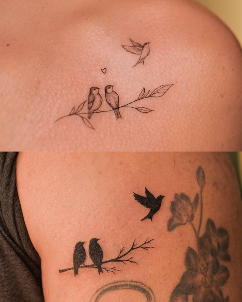 Matching birds on a branch tattoo for couple.