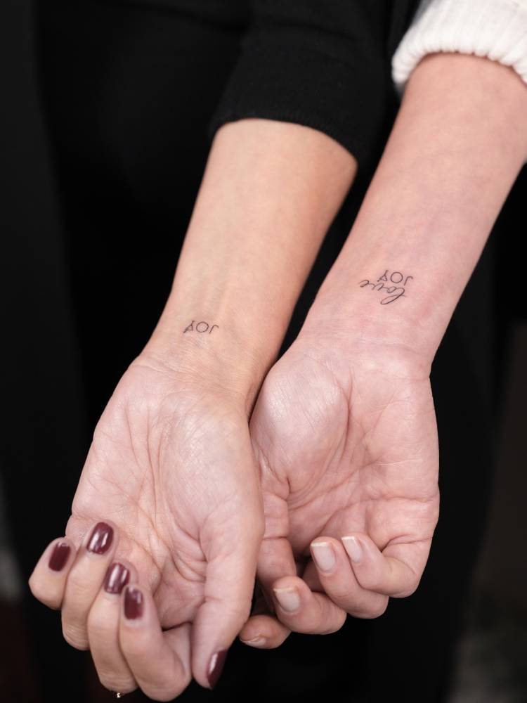 Matching word "joy" tattoo for best friends.