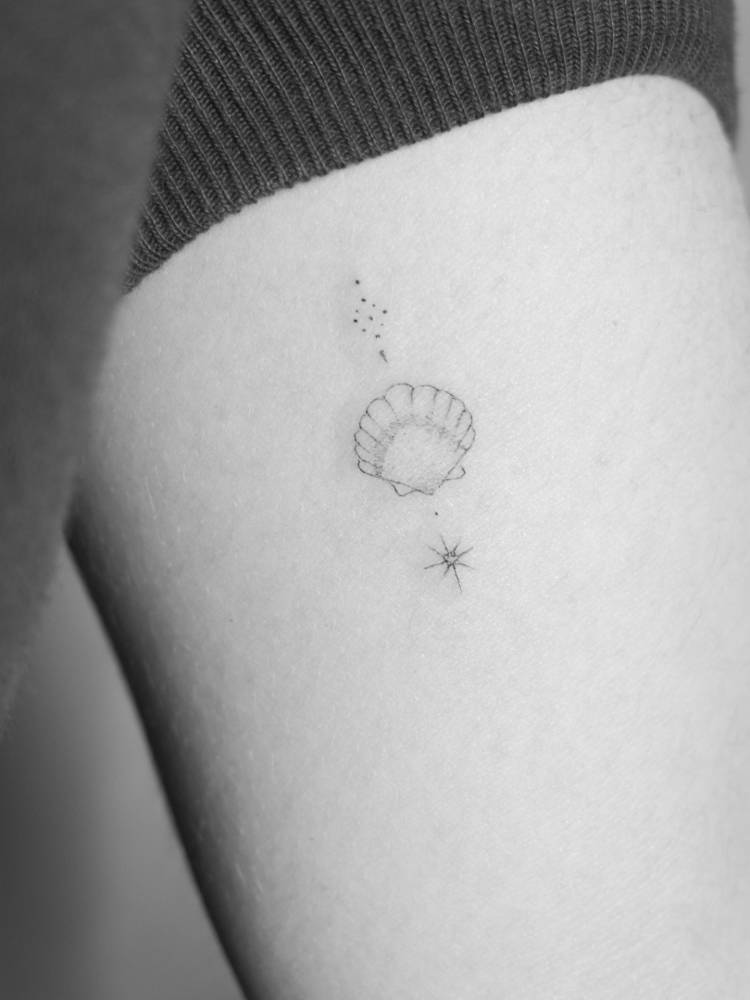 Ornamental scallop shell tattoo in fine line style placed on the inner arm.