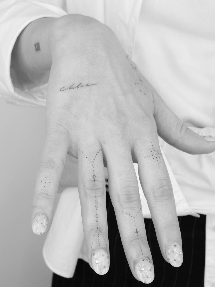 Ornamental finger composition tattoos.