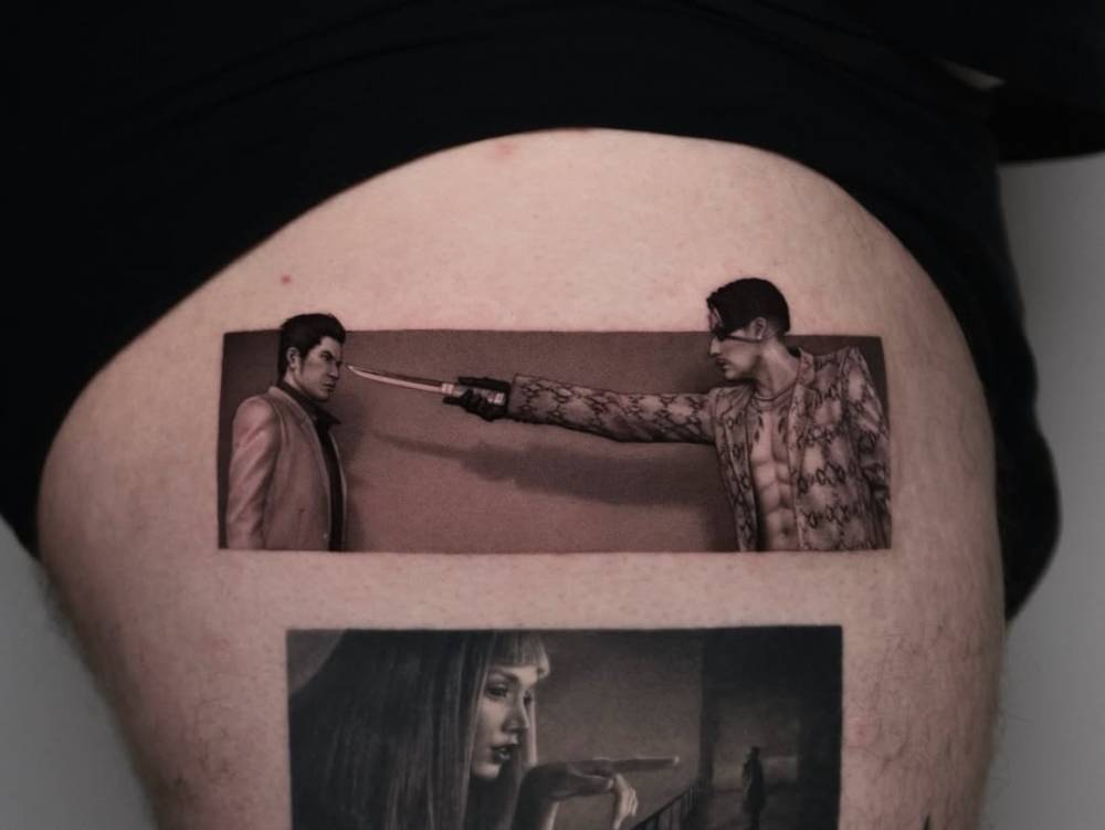 Yakuza Kiwami tattoo located on the thigh, micro-realistic style.