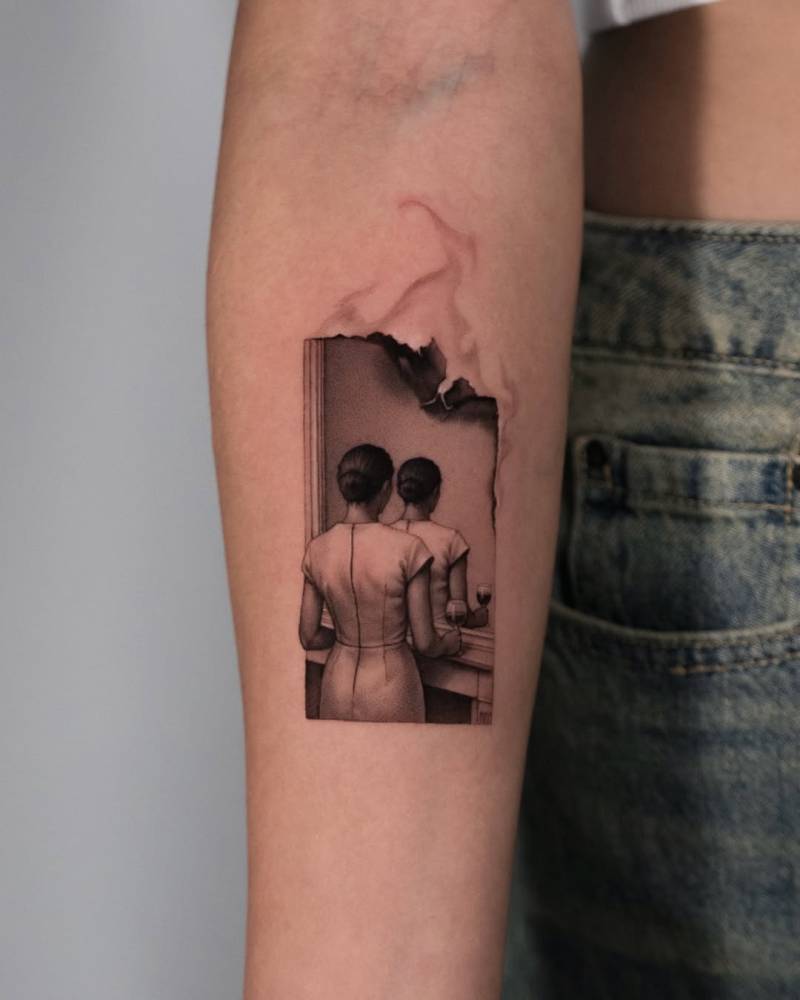 Tattoo based on "Not to be Reproduced" by Magritte.