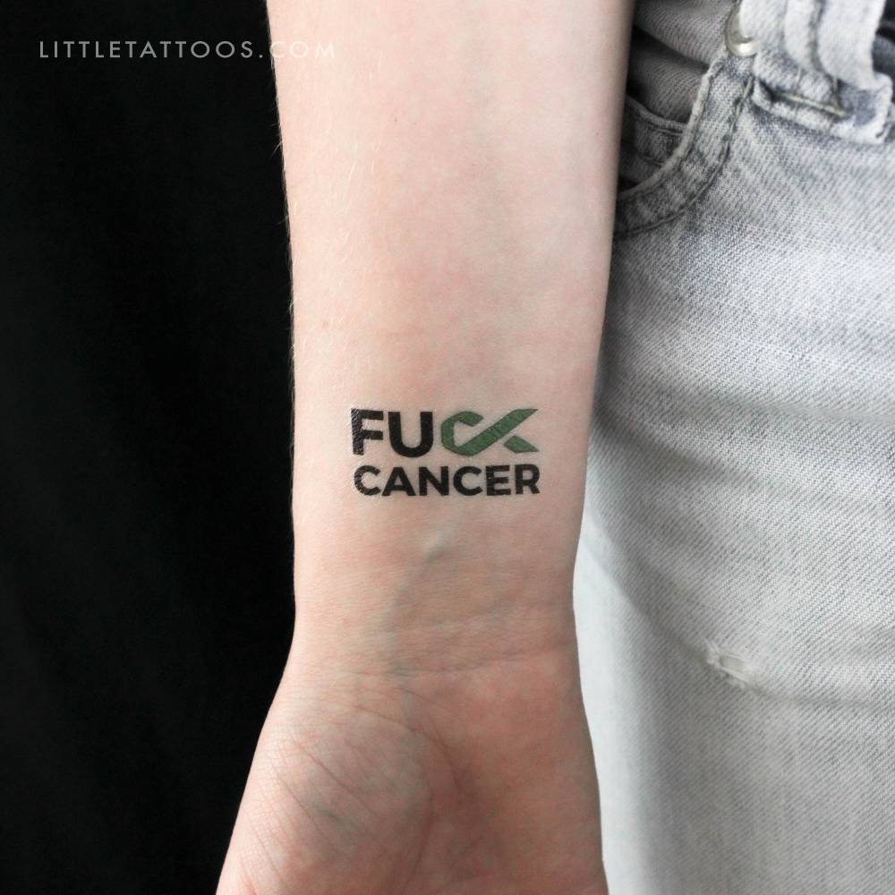 Fuck Liver Cancer temporary tattoo located on the wrist.