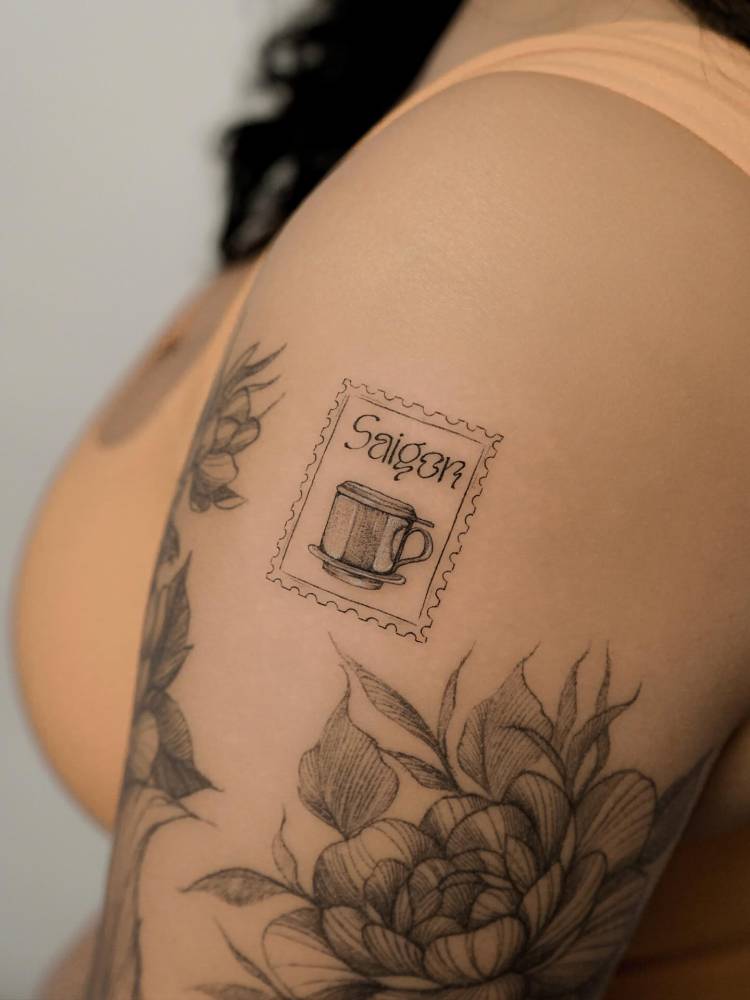 Vietnamese coffee stamp tattoo in illustrative style.
