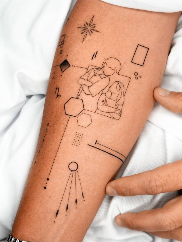 Graphic style forearm composition tattoos.